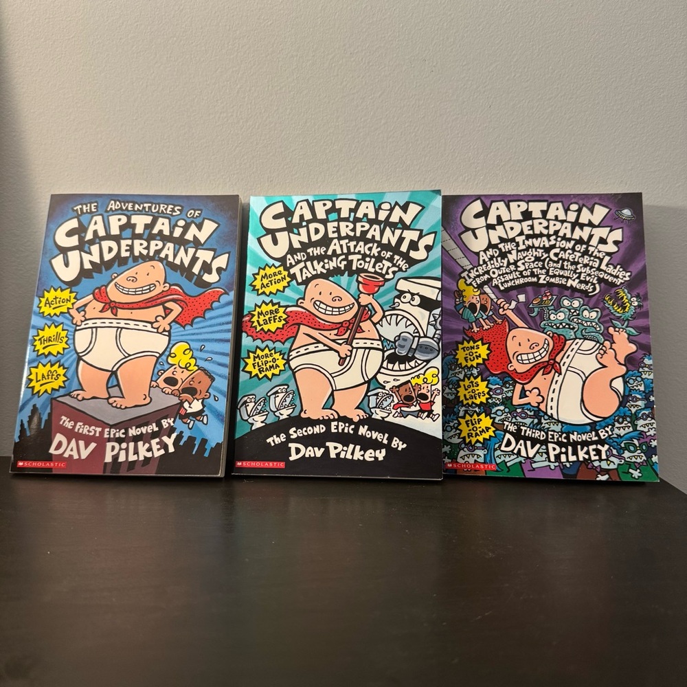 3 Captain Underpants paperback books by Dav Pilkey. NEW condition NWOT